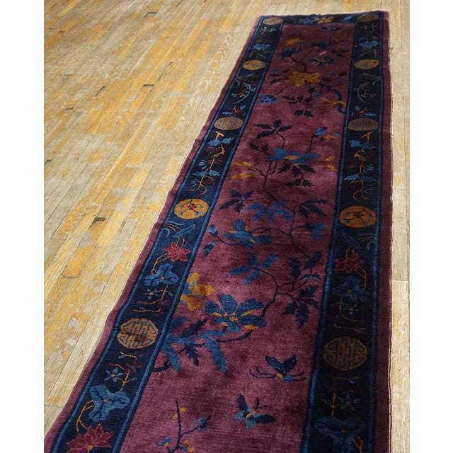 Textile 1920s Purple Floral Antique Chinese Art Deco Carpet 2'9" X 13'10" Handknotted Wool Rug Runner For Sale - Image 7 of 10