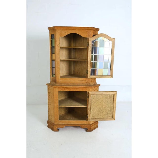 Tan Danish Modern Mid Century Corner Cabinet W Leaded Glass For Sale - Image 8 of 15