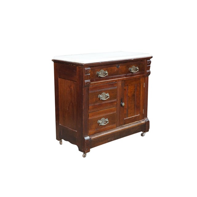 Victorian Antique Victorian Eastlake Walnut Burl Marble Washstand Chest Cabinet Stand For Sale - Image 3 of 18