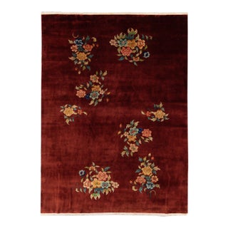 Antique Art Deco Chinese Handmade Red Wool Rug For Sale