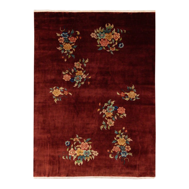 Antique Art Deco Chinese Handmade Red Wool Rug For Sale