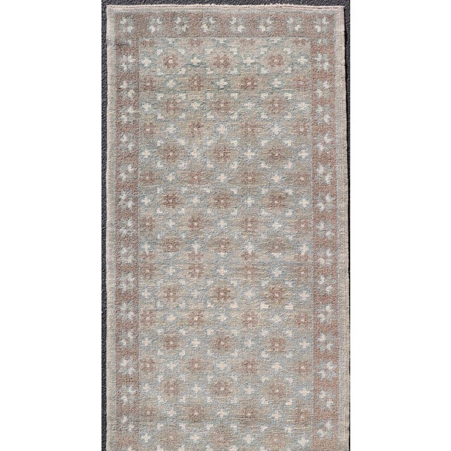 Turkish Oushak Runner With Repeating Floral Motif in Taupe and Seafoam Green For Sale - Image 9 of 10