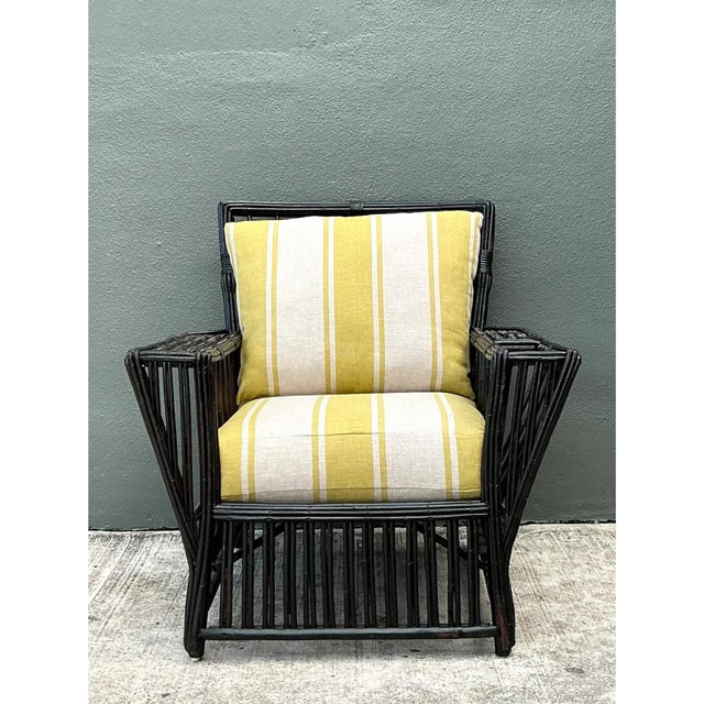 Wood Vintage Stick Rattan Lounge Chair in Ralph Lauren Cabana Stripe For Sale - Image 7 of 12