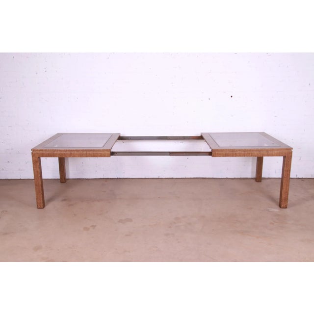 Wood Karl Springer Attributed Mid-Century Modern Lacquered Grasscloth Extension Dining Table, 1970s For Sale - Image 7 of 13