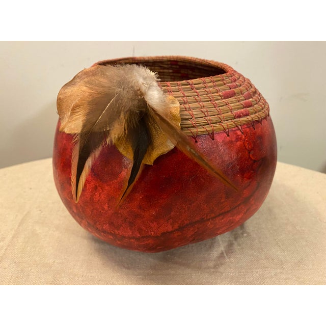 Handmade Native American Style Red Gourd Bowl Embellished Approx overall size 10" diameter x 9" tall
