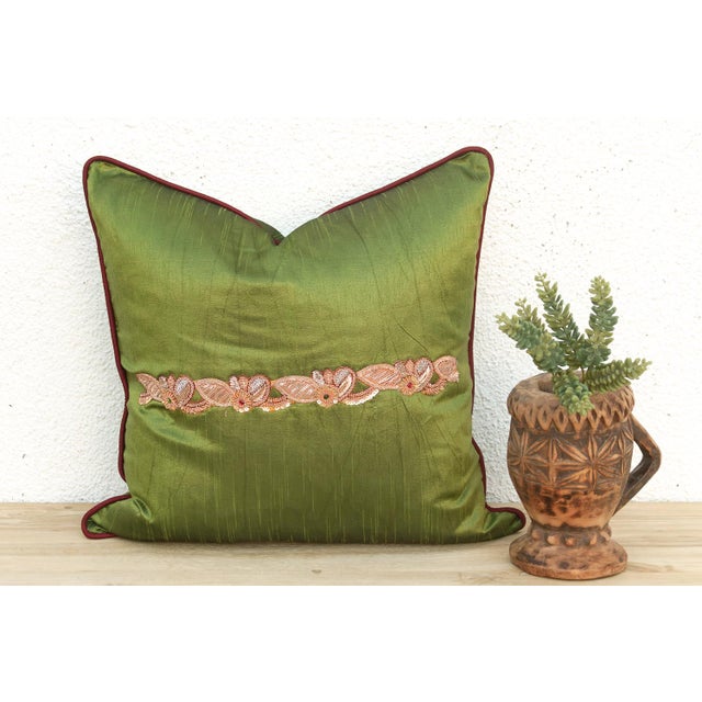 Textile Green Zardozi-Embroidered Silk Pillow Cover, Embroidered Band For Sale - Image 7 of 7