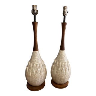 1960s Mid-Century Ceramic Walnut Table Lamps - a Pair For Sale
