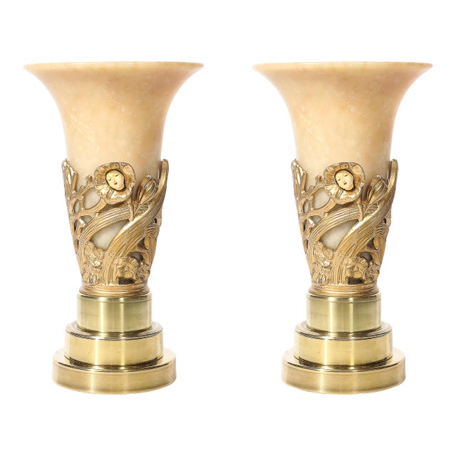 1930s Art Deco Gilt Bronze & Alabaster Table Lamps on Polished Brass Bases - a Pair For Sale