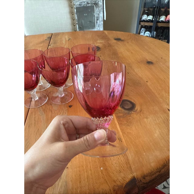 Set of 8 vintage George Borgfeldt "Lisa" cranberry optic wine glasses. These mid-century stemware pieces feature the...