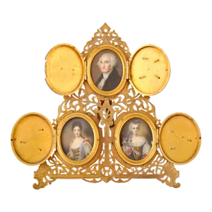 Antique Brass & Pietra Dura Portrait Miniature Painting George Washington 1880