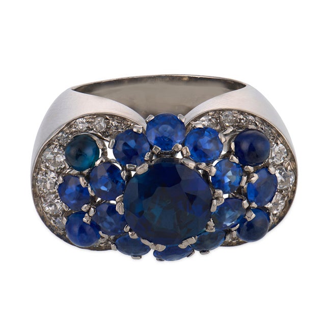 Mid-Century Modern Mid 20th Century Retro Gia 5.00 Carat Sapphire Diamond Platinum Cocktail Ring, Size 6 For Sale - Image 3 of 6