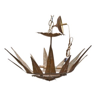 Mid 20th Century Mid Century Modern Spanish Gilt Metal Sunburst Crown Chandelier with Four Lights For Sale