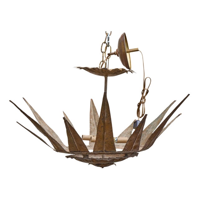 Mid 20th Century Mid Century Modern Spanish Gilt Metal Sunburst Crown Chandelier with Four Lights For Sale