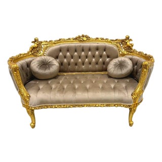 Royal Versailles Tufted Velvet Sofa – Hand-Gilded Gold Leaf Frame With Cherub Details & Luxe Beige Velvet For Sale