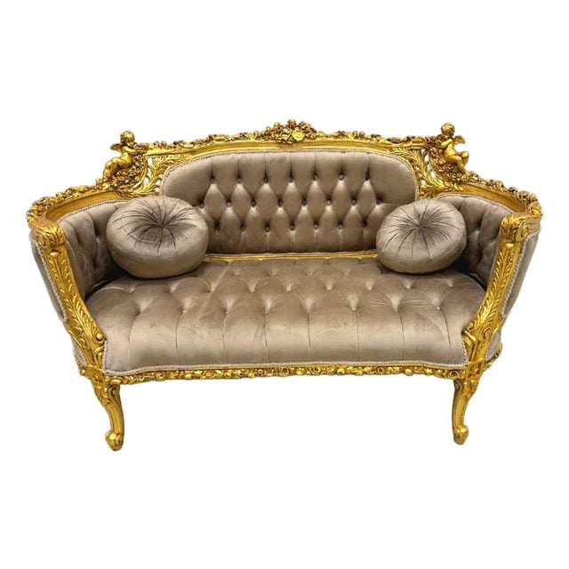 Royal Versailles Tufted Velvet Sofa – Hand-Gilded Gold Leaf Frame With Cherub Details & Luxe Beige Velvet For Sale