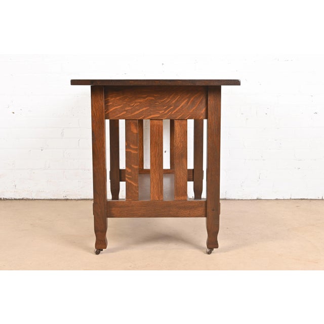 Antique Stickley Brothers Mission Oak Arts & Crafts Writing Desk or Library Table, Newly Restored For Sale - Image 9 of 12