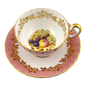 Aynsley Orchard Fruit Pink Cup and Saucer Signed Doris Jones 1950s