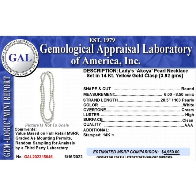 Akoya Pearl Necklace 28.5" 14k Gold 8.50 mm Certified For Sale - Image 9 of 12