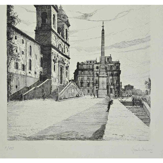 View of Trinità dé Monti is an artwork realized by Giuseppe Malandrino in the 1970s. Black and white Etching on paper...