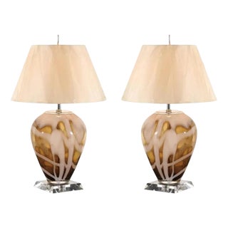 Pair of Vintage Blown-Glass Table Lamps with Lucite Bases, Caramel & Ivory, 1990s For Sale