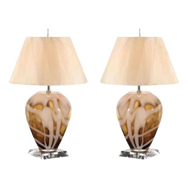 Pair of Vintage Blown-Glass Table Lamps with Lucite Bases, Caramel & Ivory, 1990s For Sale