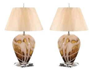 Pair of Vintage Blown-Glass Table Lamps with Lucite Bases, Caramel & Ivory, 1990s
