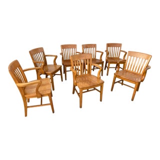 Vintage Mid Century Modern Jasper Seating Co Furniture Bankers Golden Oak Chair Set of 7 For Sale