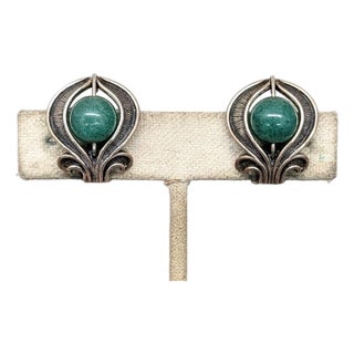 Vintage Signed Napier Sterling Silver Faux-Jade Clip Earrings-2 Pieces For Sale
