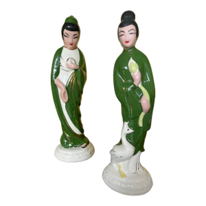 1950s Mid-Century Modern Chinoiserie Statuaries in Green- Set of 2