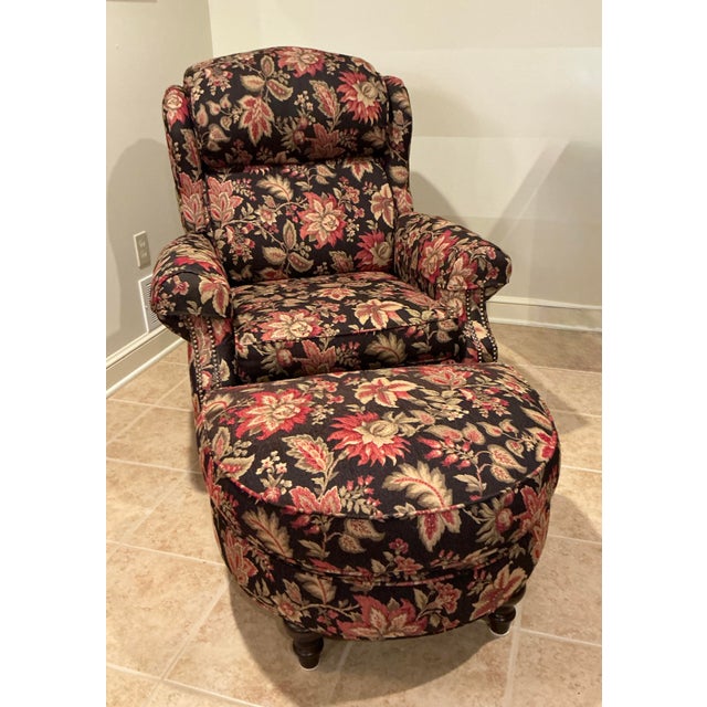 Black Smith Brothers of Berne Traditional Floral Tilt-Back Chair and Ottoman - Set of 2 For Sale - Image 8 of 17