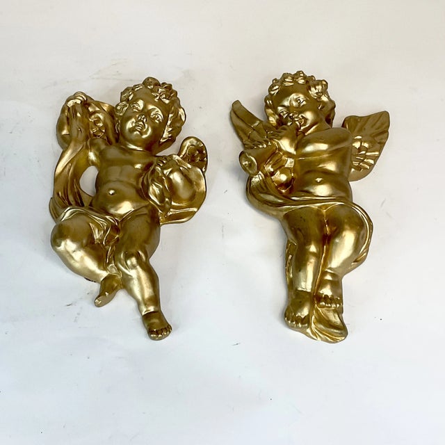 Sculpture Materials 1970s Vintage Boho Chic Hollywood Regency Italian Figural Wall Sculptural Cherubs - A Pair. For Sale - Image 7 of 10