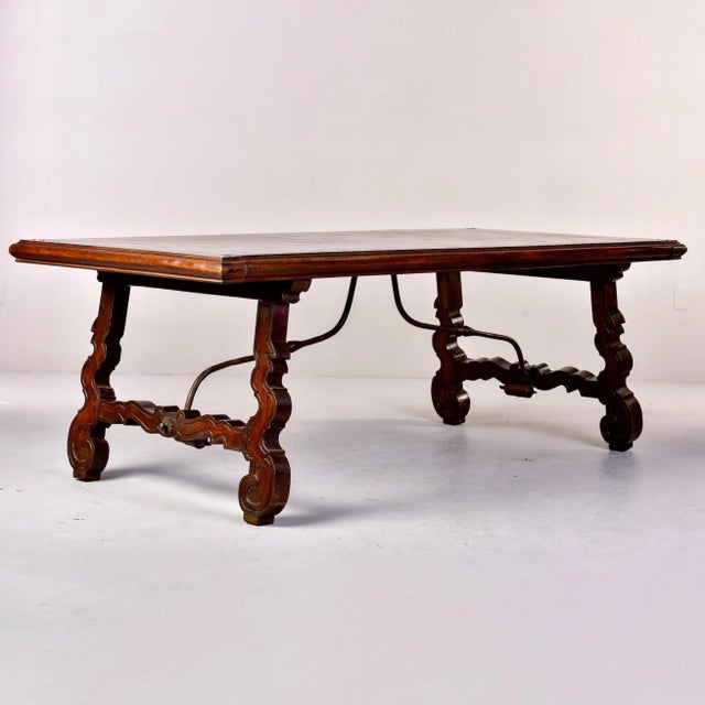 Wood Large 19th C Spanish Walnut Table With Marquetry Top and Iron Stretcher For Sale - Image 7 of 11