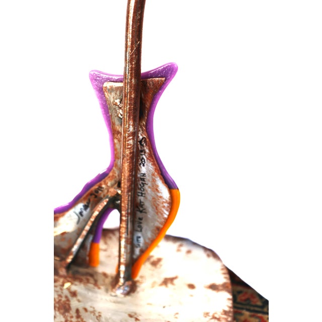 Ruby Red 1980s Kat Hogan and Jerome Ellis Sculpture Metal and Fused Glass Woman on Shopping Spree 55 In. Height For Sale - Image 8 of 8