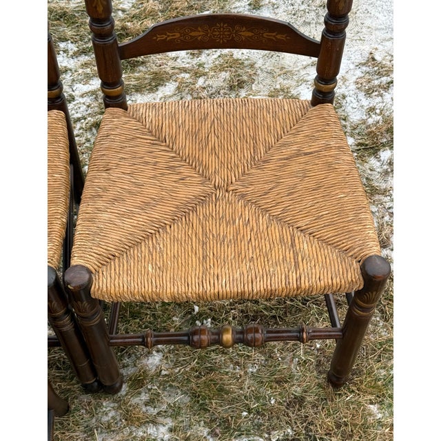 1980s Vintage Hitchcock Harvest Paint Decorated Ladderback Rush Seat Dining Chairs - Set of 4 For Sale - Image 5 of 12