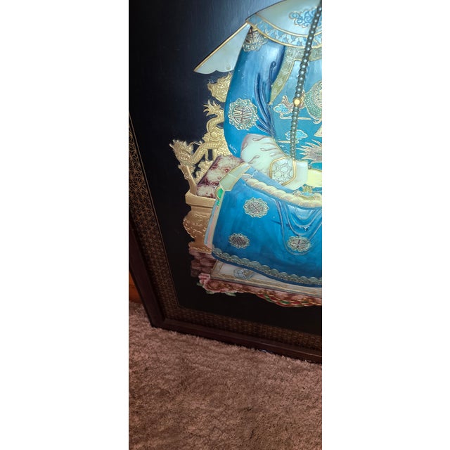 20th C. Emperor and Empress Plaque Large - Mid-Century Chinoiserie Black Lacquer & High-Relief Soapstone Wall Panels. For Sale - Image 13 of 18