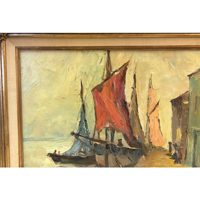 Gold Early 20th Century Original Framed Oil Painting on Canvas 'Seaside Dock' Attributed to Louise Minert Kelly (American 1876-1945) For Sale - Image 8 of 17