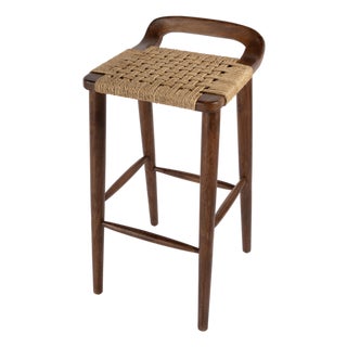 Luna 30 in. Seat Height Wood and Jute Woven Low Back Bar Stool, Brown For Sale