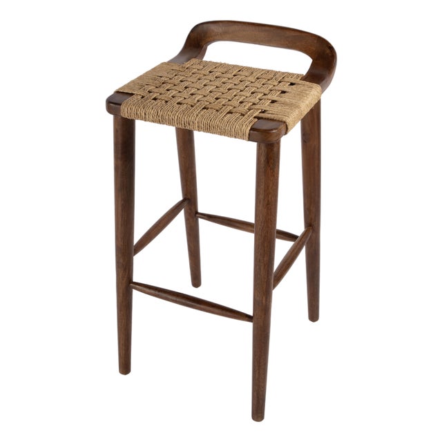 Luna 30 in. Seat Height Wood and Jute Woven Low Back Bar Stool, Brown For Sale