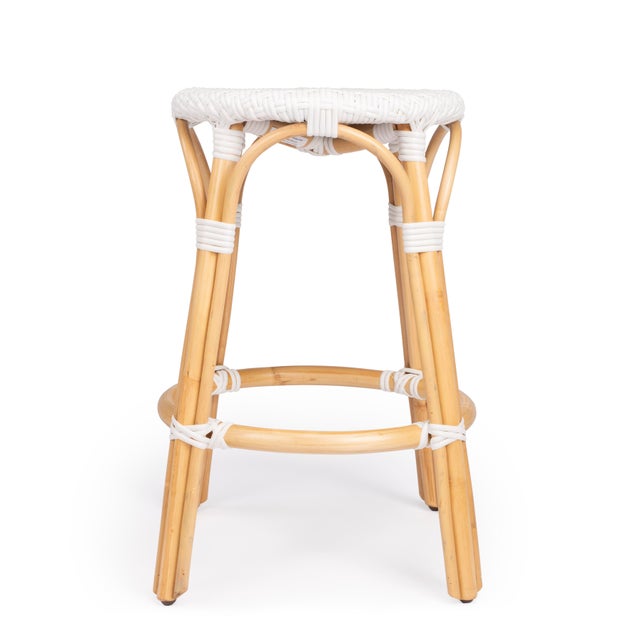 2020s Tobias 24 in. Seat Height Round Rattan Backless Counter Stool, Glossy White/ Natural Rattan Frame For Sale - Image 5 of 8