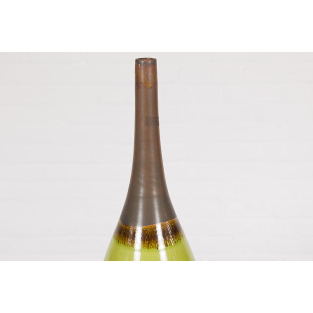 Early 21st Century Artisan Handmade Lime Green Glazed Ceramic Vase with Brown Neck For Sale In New York - Image 6 of 12