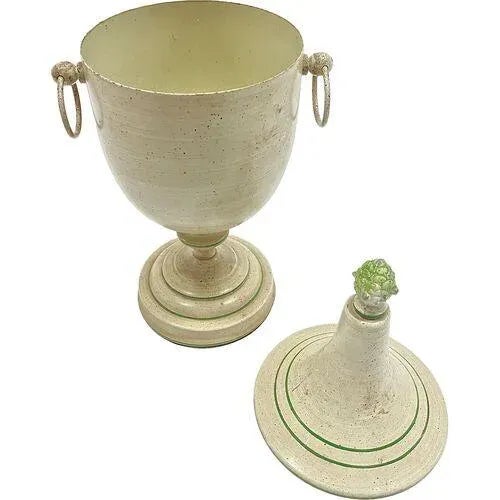 French Vintage Tole Leaf Lidded Chestnut Urn For Sale - Image 3 of 5