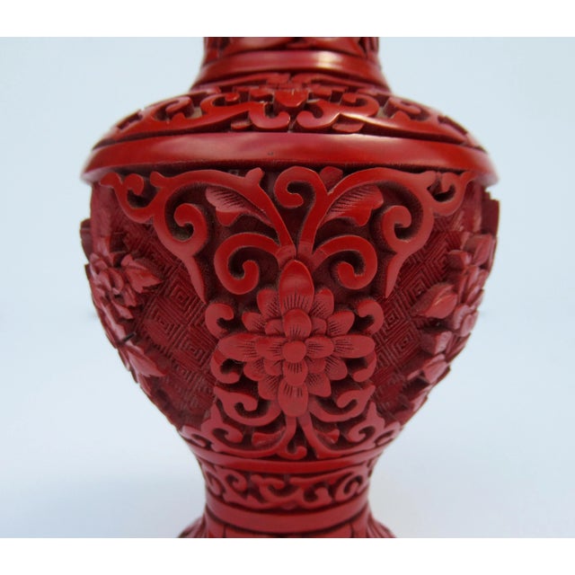 Wood Vintage C.1950's Chinese Asian Carved Cinnabar With Interior Blue Enamel Vase For Sale - Image 7 of 13