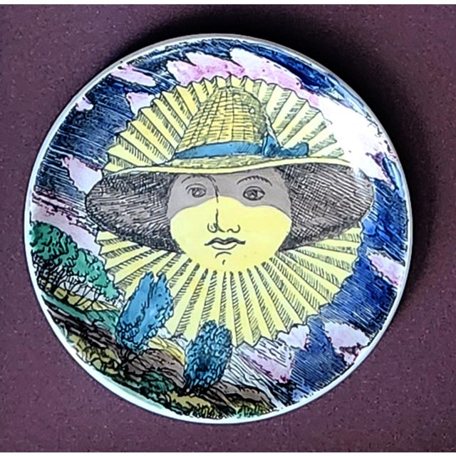 Piero Fornasetti Piero Fornasetti “12 Mesi, 12 Soli” Porcelain Coaster, June, Sun in a Straw Hat, Framed For Sale - Image 4 of 5