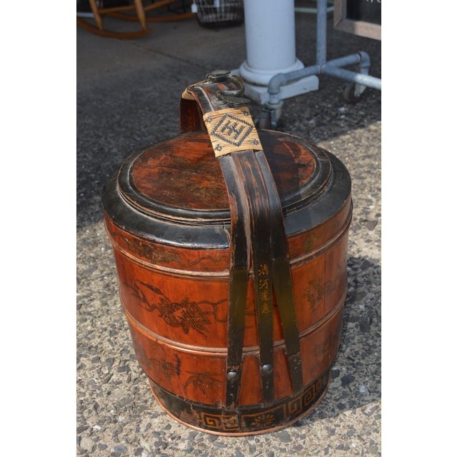 This vintage wedding basket is in good shape overall. Made of wood/bamboo. Painted top scene & floral sides. The very top...