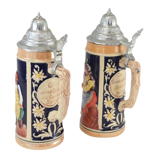 German Ceramic & Pewter Lidded Beer Steins a Pair Chairish