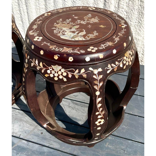 Vintage Asian Hardwood Inlay Low Stools - a Pair For Sale - Image 9 of 10