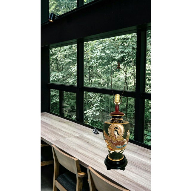 Large Japanese Satsuma 'Moriage' Black and Gold Kannon Table Lamp, Signed For Sale - Image 12 of 12