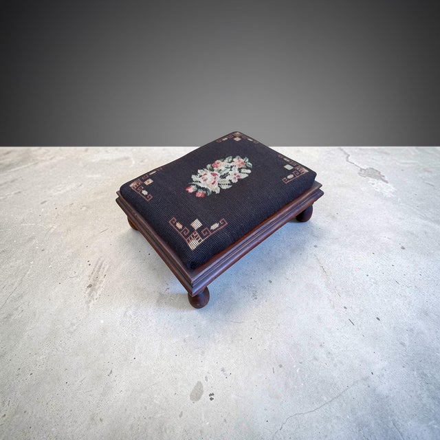 Brown Antique Victorian Embroidered Mahogany Footstool For Sale - Image 8 of 10