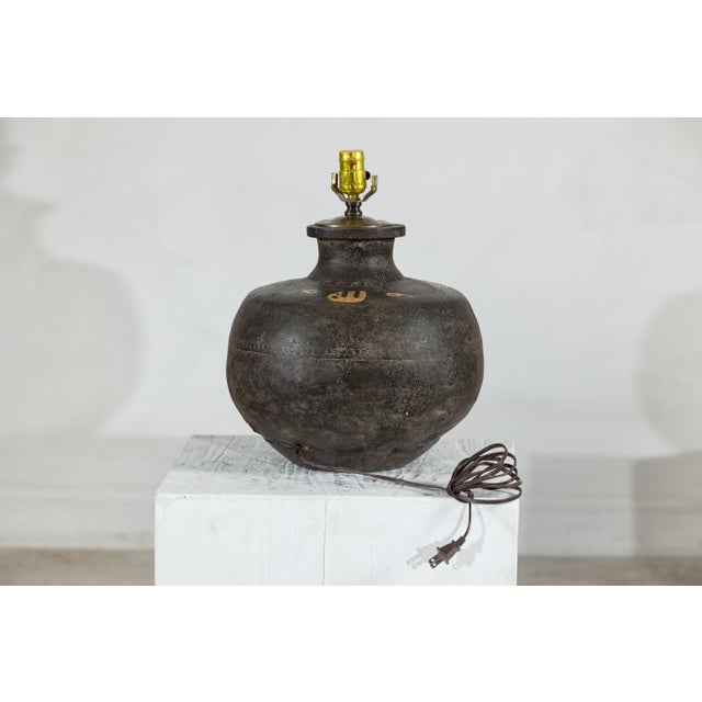 Vintage Indian Metal Jug Converted to Table Lamp with Hand-Painted Script For Sale In New York - Image 6 of 18