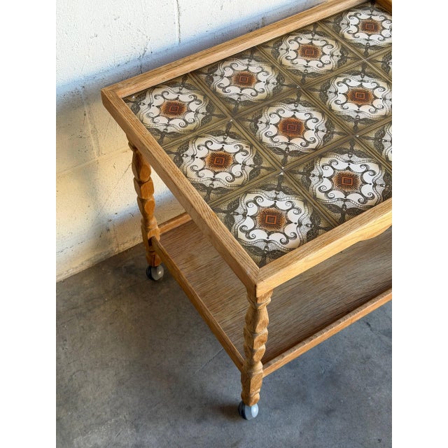 Oak Tile Top Rolling Bar Cart Serving Tea Table in Style of Henning Kjaernulf Denmark Mid-Century 1970s For Sale - Image 4 of 10